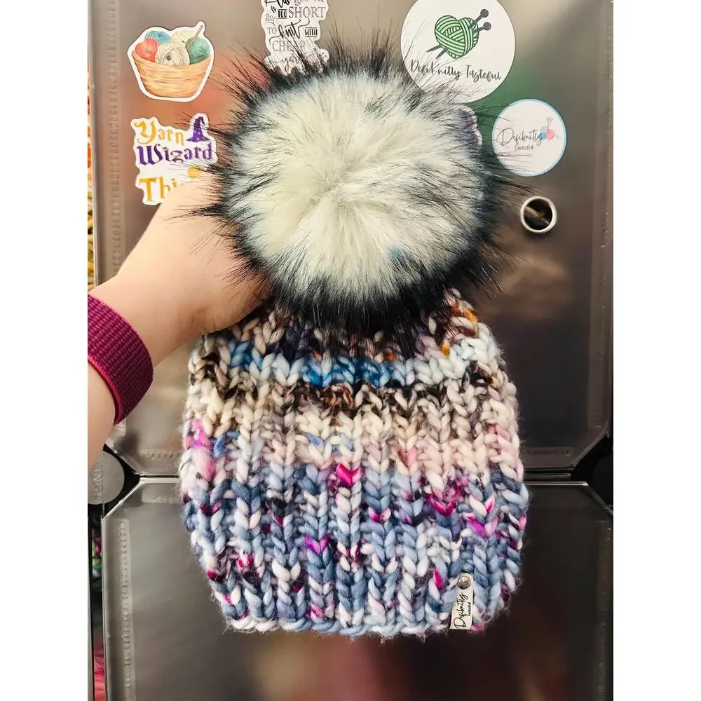 Hand Knit Scrappy Merino Wool Beanie: DefiKnitly Tasteful Knit Hat with Faux Fur